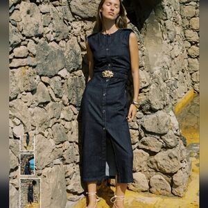 Zara Dark Blue Denim Midi Dress with Gold Accents